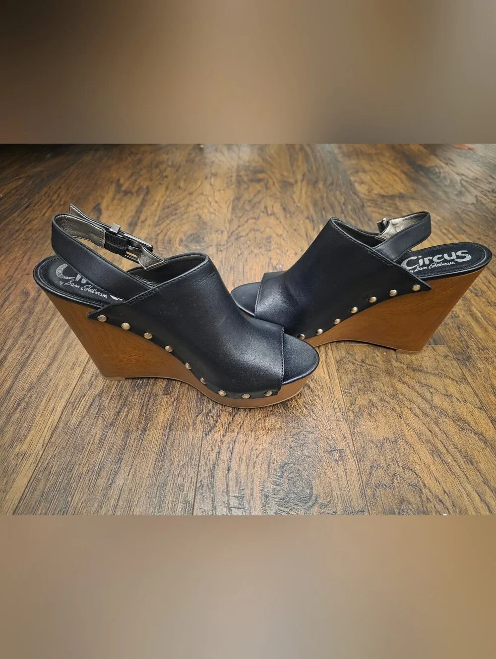 Circus by Sam Edelman Black Leather Studded Wood-Look Wedge Sandals